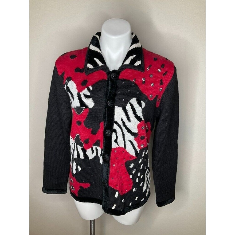 Vintage Berek Women Cardigan Sweater Zebra Jungle Theme Size XL